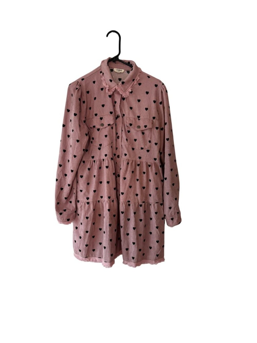 Umgee Pink Corduroy Heart Print Tiered Dress With Frayed Collar Size M
